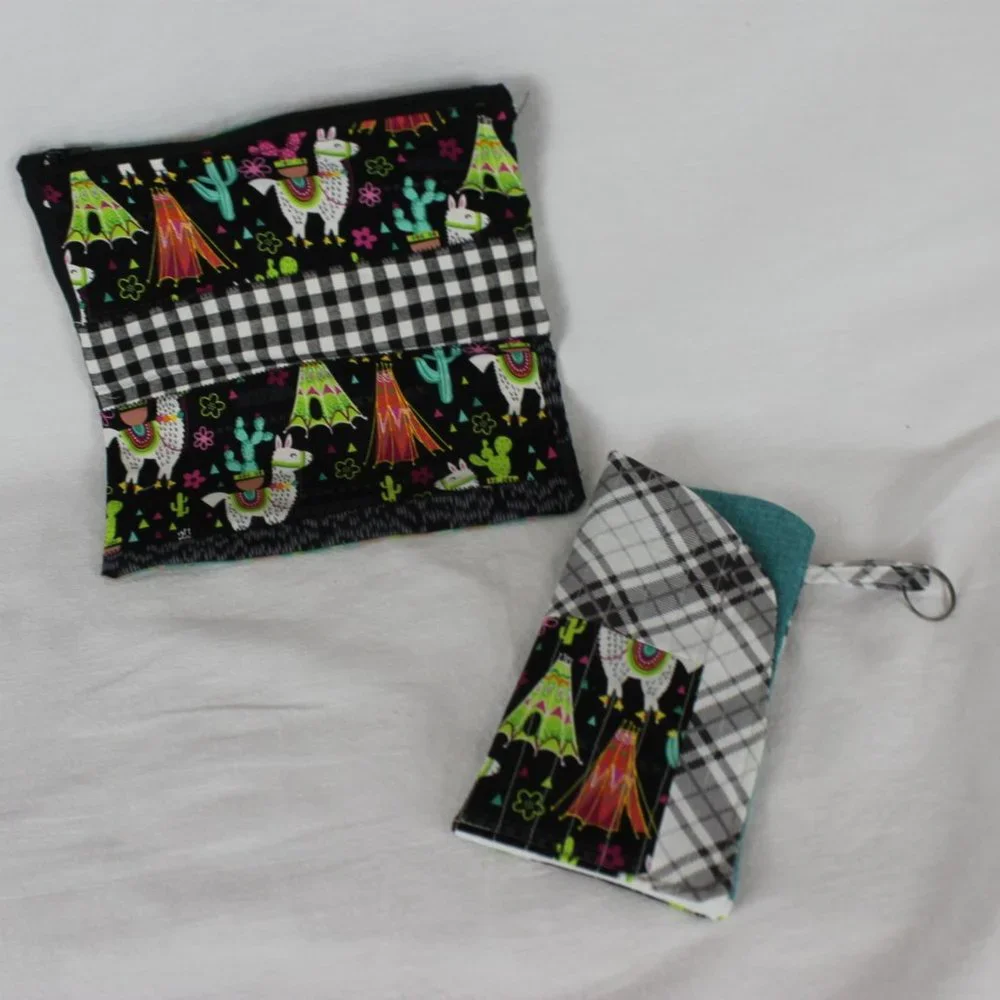 Llama Black & Green Print Zippered Pouch and Sunglass Case-Matching Set-Handmade